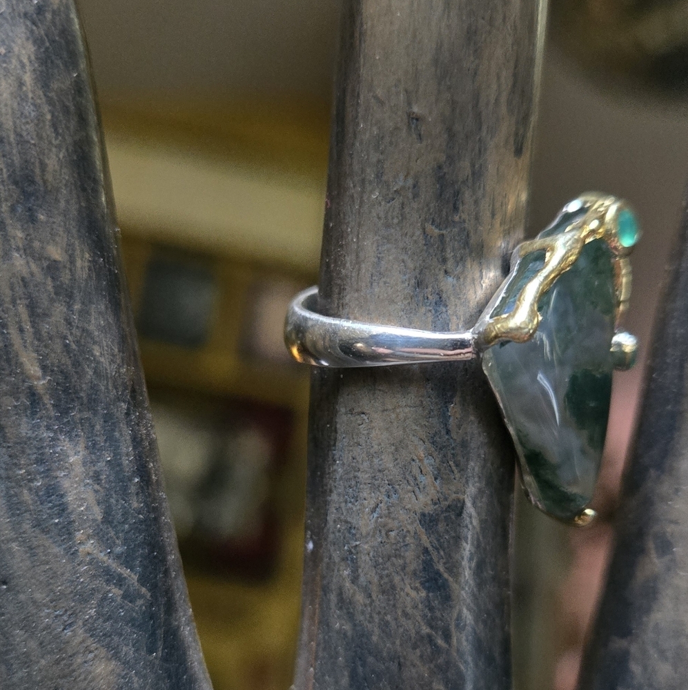 Moss Agate & Green Onyx Natural Gemstone Sterling & Gold Ring Sz7.5 - Picture 8 of 11